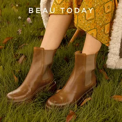 BeauToday Chelsea Boots damskie skóra końska Retro woskowanie okrągłe Toe gumką Lady platforma podeszwa buty ręcznie robione 03503