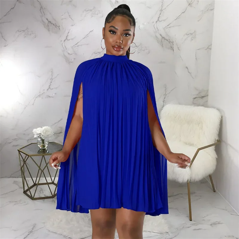 Fashion Chiffon Women Dresses Solid Color Stand-up Collar Pleated Dress High Waist Female Poncho Short Gown Loose Streetwear New