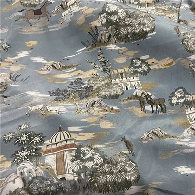 China design type scenery print pure silk crepe de chine silk fabric not transparent,SCDC1242