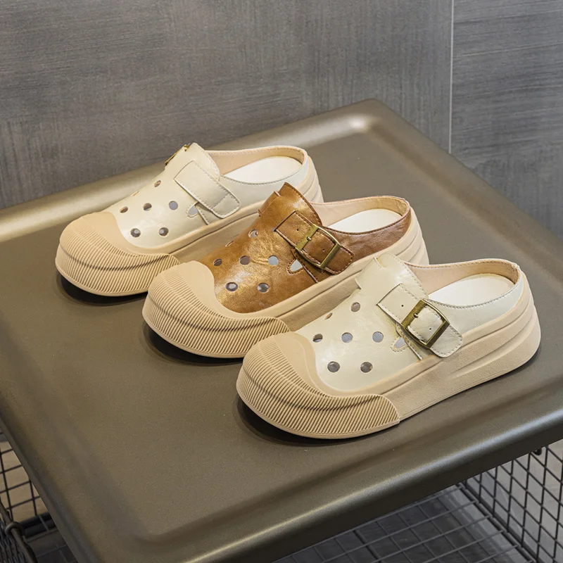 DIMANYU Women Slippers Genuine Leather 2025 Summer New Casual Eyelet Slippers Women Platform Hollow One Foot Slippers Women