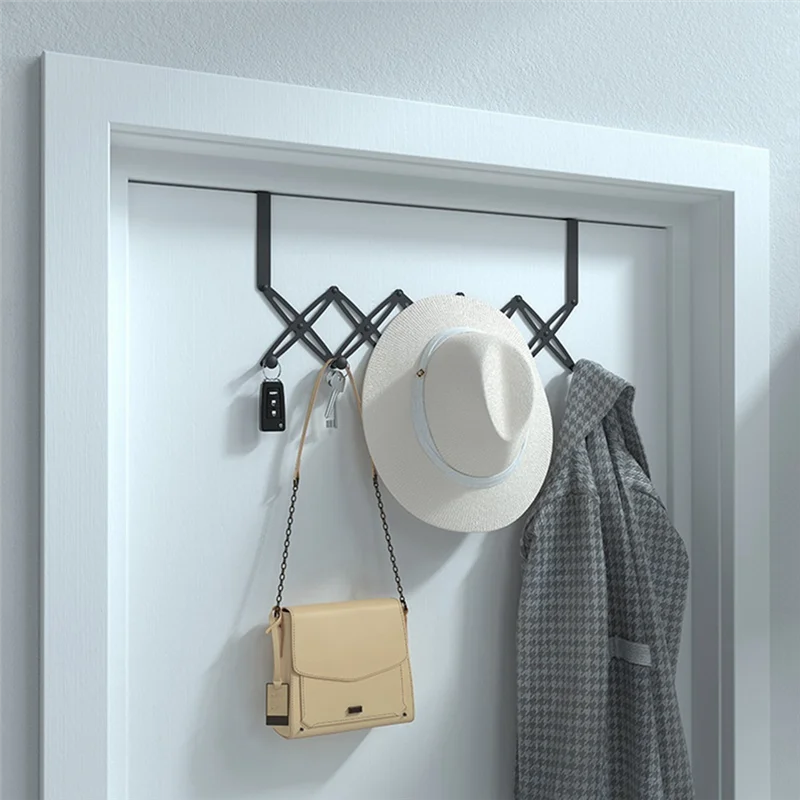 

AA19 Retractable Stainless Steel Over The Door Hanger Expandable Towel Coat Rack Hanging Six Hooks 1 PCS