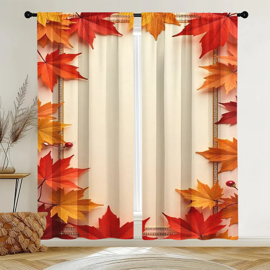 2PCS Digital Print Curtain, Red Maple Leaf Frame Beige Background, Autumn Border Nature Style for Living Room Bedroom Decor
