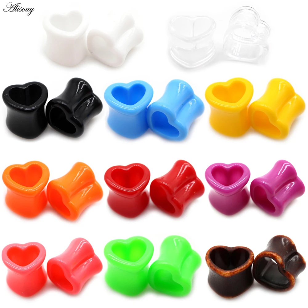 Alisouy 2pcs 4mm-25mm White Black Brown Love Heart Acrylic Ear Plug Tunnels Flesh Stretcher Expander Gauge Piercing Body Jewelry