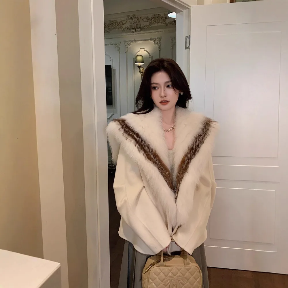 Hot selling autumn and winter detachable fox fur collar shawl high-end double-sided cashmere coat fashionable women's coat