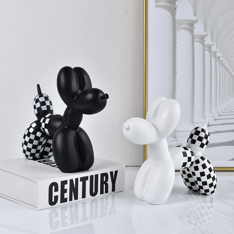 Resin Art Black White Plaid Mosaic Balloon Dog Ornament Figurines Home Interior Living Room Office Bedroom Decor Accessories