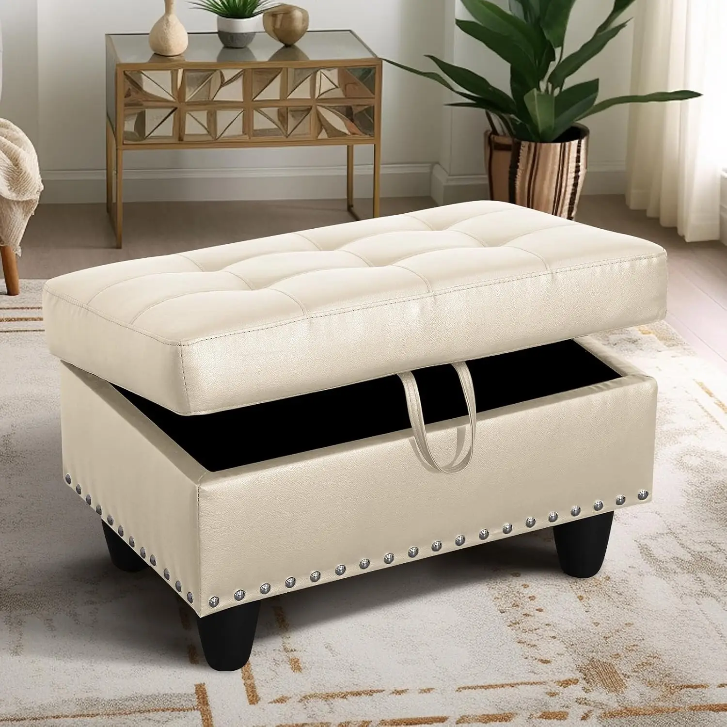 White Storage Ottoman Bench, 28.5-Inch Rectangle Upholstered Faux Leather Foot Rest Stool with Nailhead Trim for Living Room, Bedroom, and End of Bed