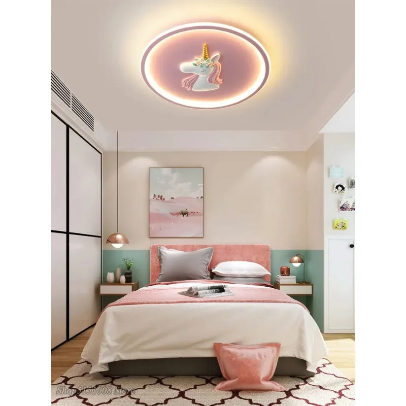 الشمال جولة LED يونيكورن أضواء السقف الحديثة غرفة الأطفال فتاة الأميرة غرفة نوم دراسة الكرتون حماية العين مصابيح السقف