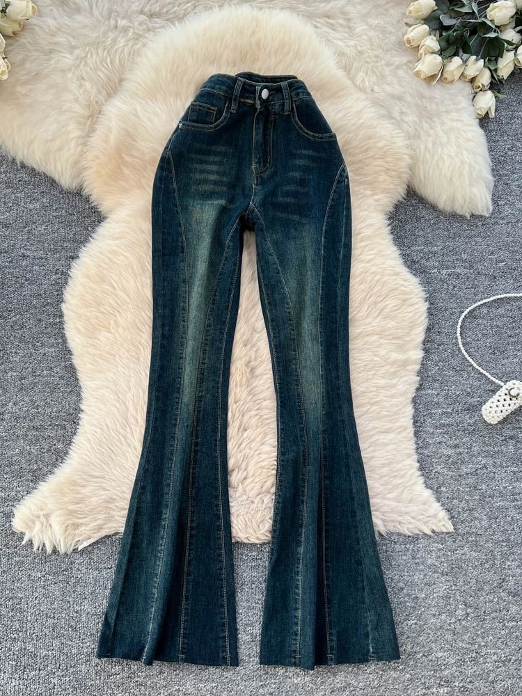 

American style retro spicy girl elastic slim fit high waisted jeans women in spring bright thread wrapped hip bell bottom pants