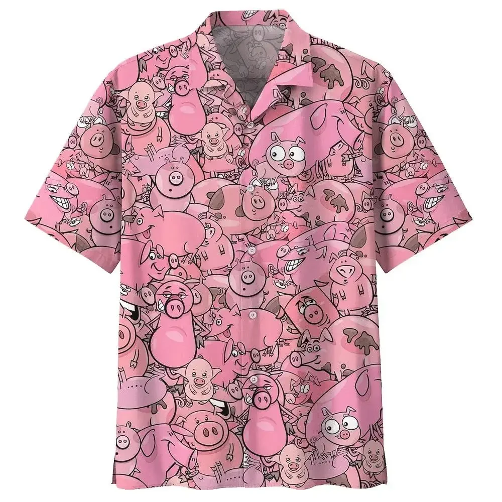 

Hawaiian Style 3D Printing Pink Piglet Summer Casual Loose Short Sleeve Shirt Street Men Camisa Hawaiana Hombre Ropa