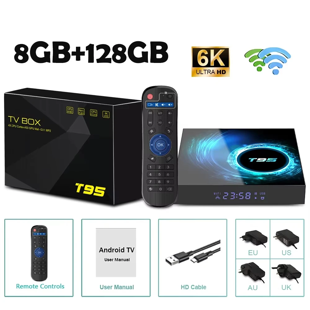صندوق التلفزيون الذكي Android 14 T95 6K Allwinnerh616 مشغل الوسائط المزدوج واي فاي بلوتوث 5.4 مع جهاز التحكم عن بعد دعم Google Voice Set Top Box #6