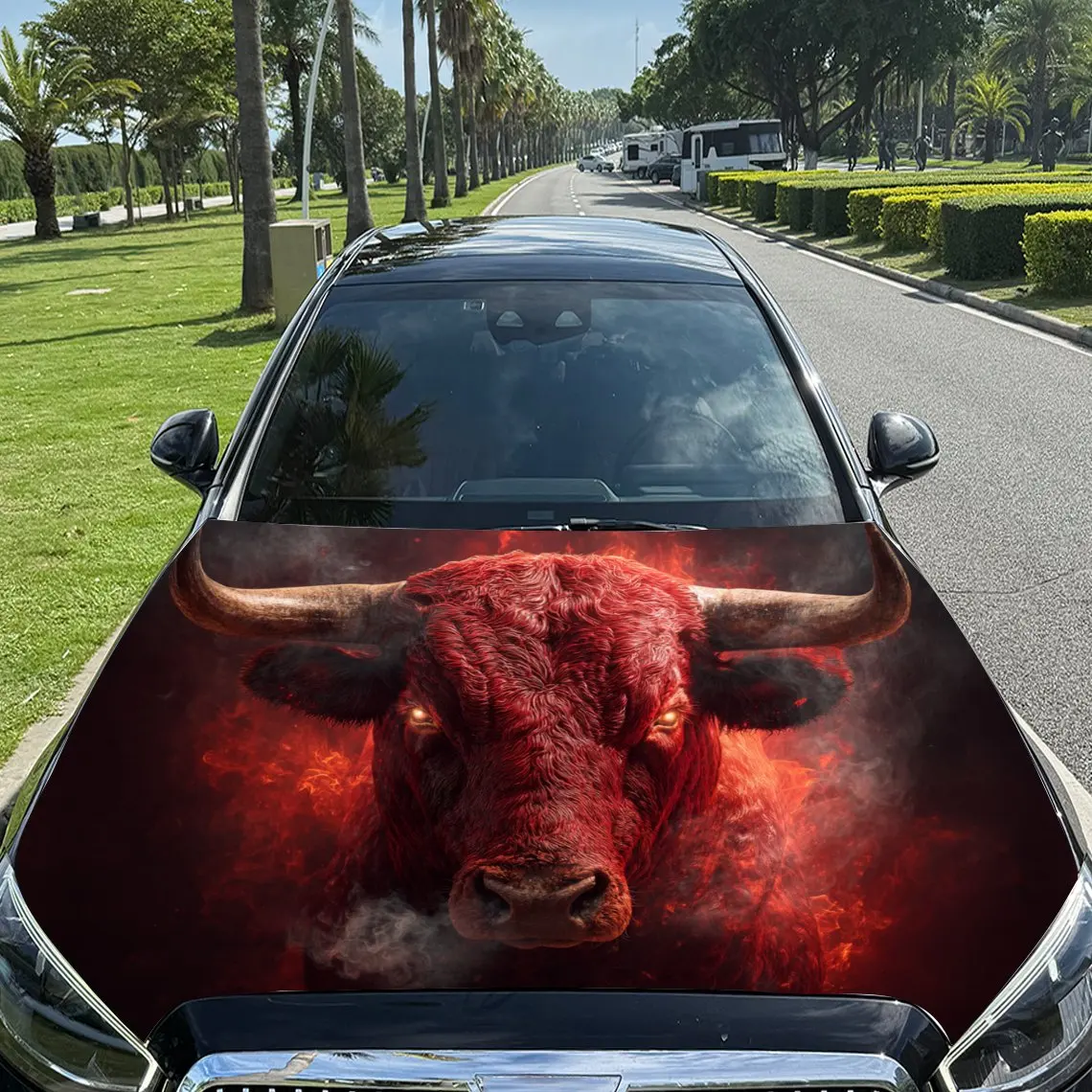 

Striking Red Themed Bull with Smoke Car Vinyl Wrap, PVC Material Waterproof Car Hood Sticker, Self-Adhesive Scratch-Resistant St