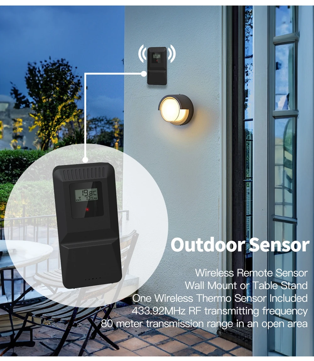 Беспроводная метеостанция, датчик дождя, термометр, DCF, радиосигнал, время, дата, будильник, давление воздуха, фаза Луны, прогноз погоды