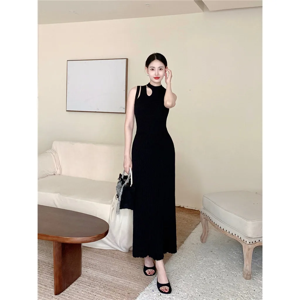 하프 하이 칼라 민소매 탱크 스커트, 레트로 스타일, 불규칙한 할로우, 허리, 큰 스윙, 이너 롱 스커트, 가을 및 겨울