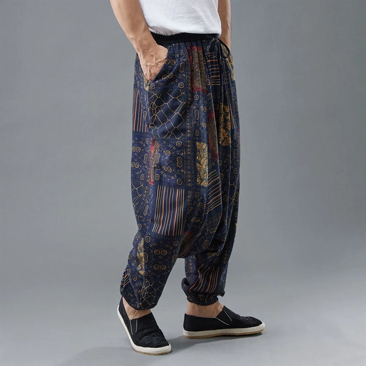 Men Summer Thin Cotton Linen Cross Pants Male Print Bloomers Trousers Wide Leg Loose Vintage Ethnic Trendy Casual Harem Pantalon