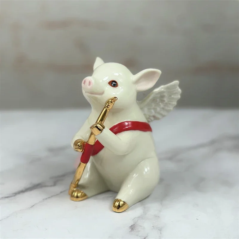Cute Winged Angel Pig Cupid Ceramic Ornament Gold Plated Bow Love Figurine Valentine Wedding Gift Home Desktop Bedroom Decor