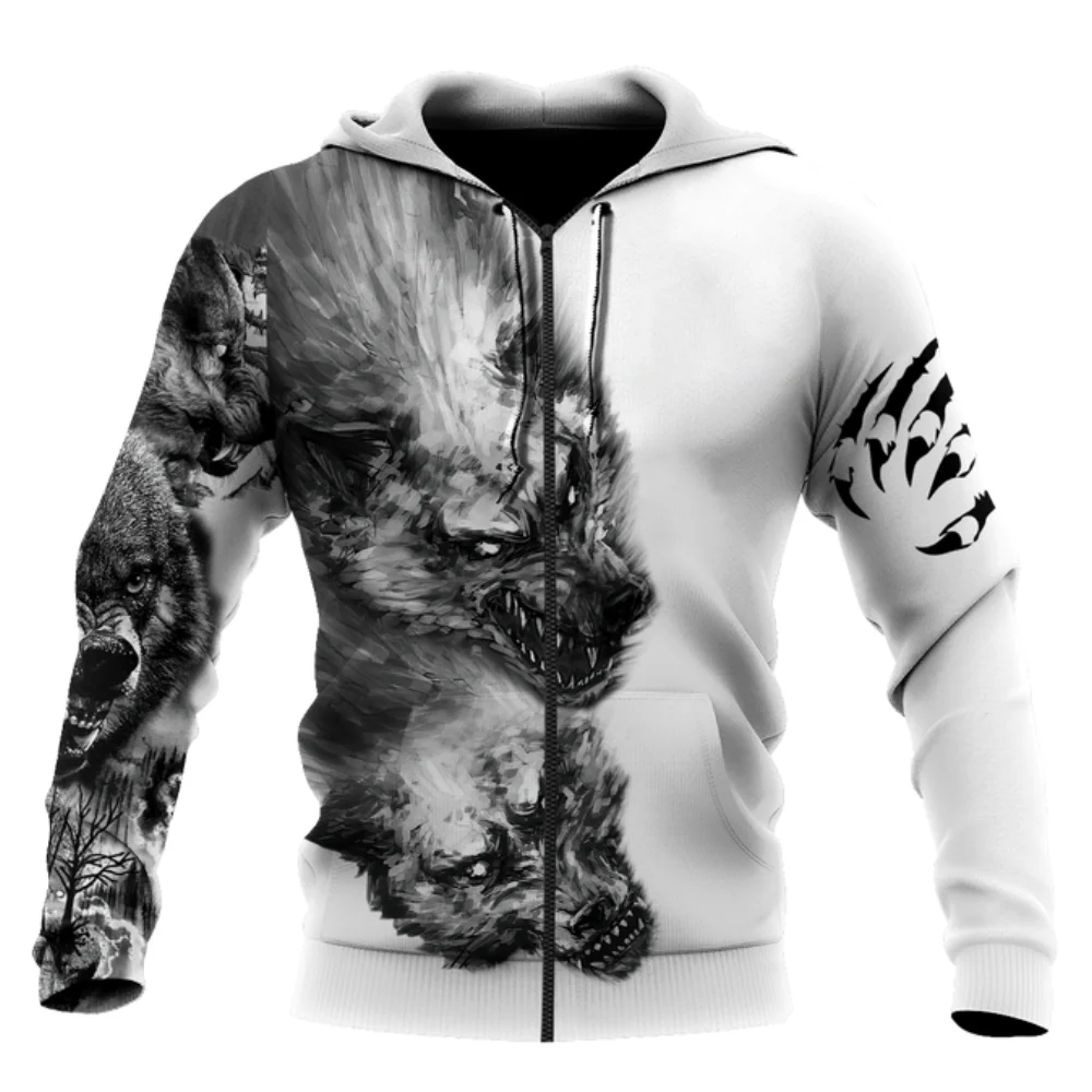 New Hoodies For Men Clothes Zipper Tiger Y2k 3D Printing Animal Wolf Funny Hooded Sweatshirts Fashion Autumn Oversized Coat