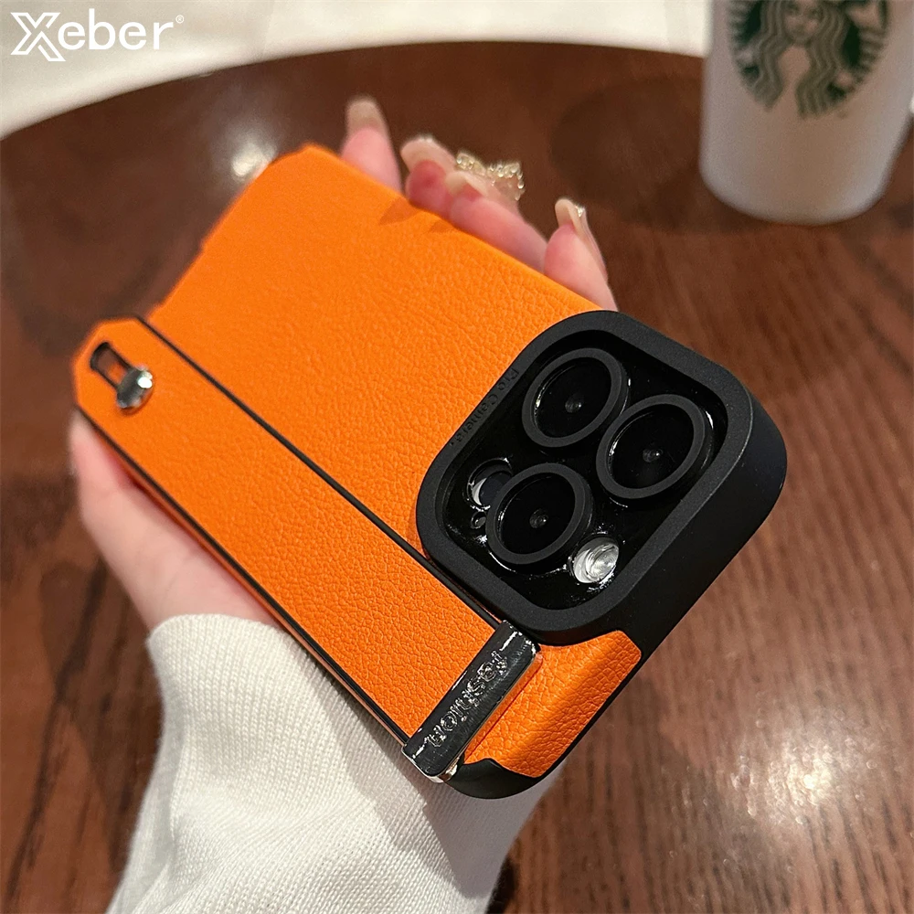 Luxury Lambskin Leather Wrist Strap Holder Phone Stand Case For iPhone 15 Pro Max 14 Plus 11 12 13 Silicone Shockproof Cover