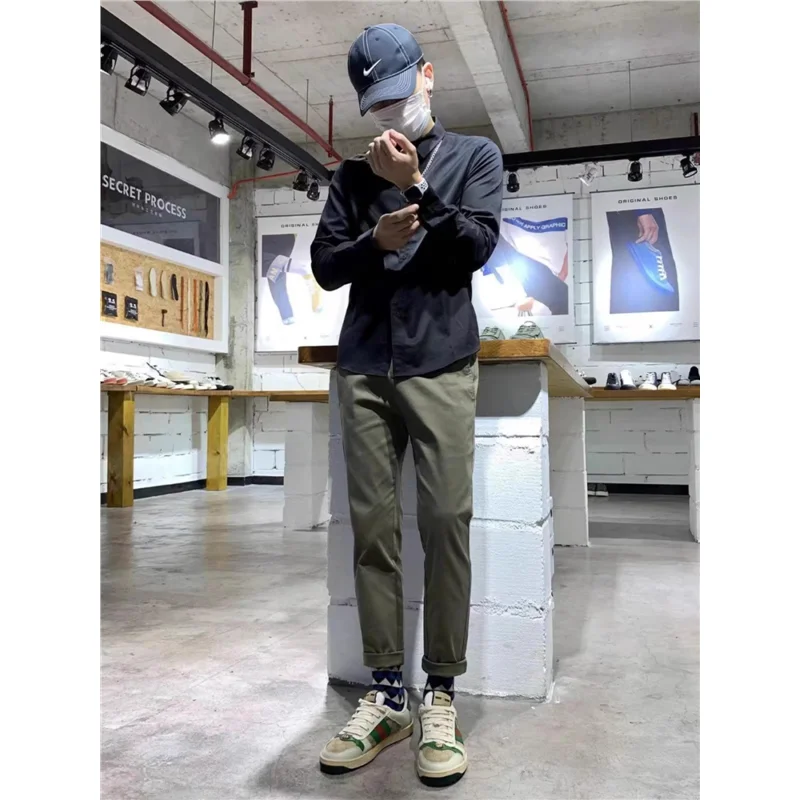 Loose Straight Leg Cotton Work Trousers for Men Washed Pure Cotton Long Trousers Spring Autumn Seasonal Youth Casual Wear