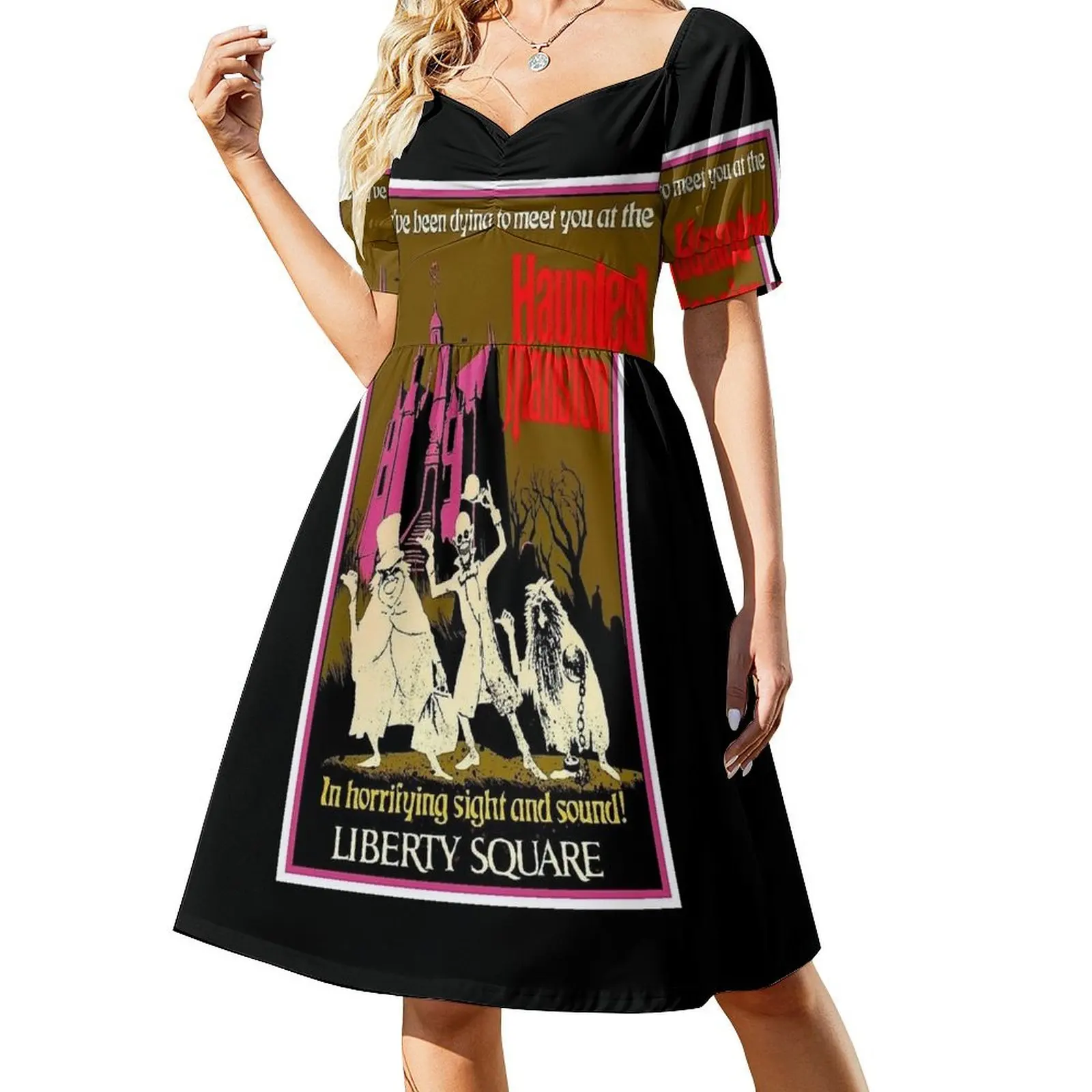 HAUNTED MANSION : Vintage Liberty Square Advertising Print Short Sleeved Dress Dresses Bridesmaid dress woman Dress