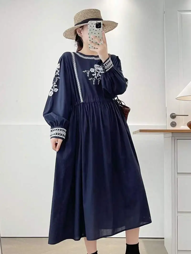 Japanse Vintage Mori Meisje Etnische Stijl Borduren Katoenen Jurk Vrouwen Herfst Stand Kraag Lange Mouw Casual Losse Midi Jurken