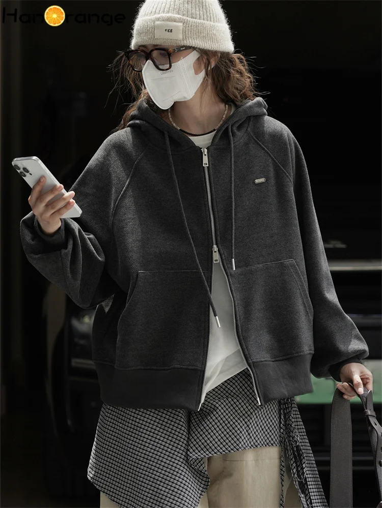 

HanOrange 2025 Autumn Fashion Hoodie Women Raglan Sleeve Loose Coat Off White/Dark Gray