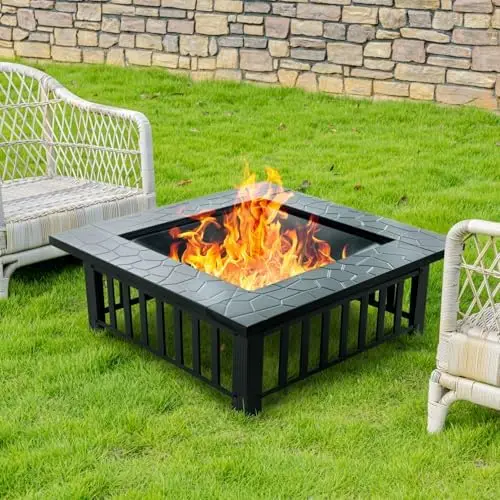 32 inch Fire Pit, Square Outdoor Fire Pit Table with Spark Sn & Fire Poker, 3-in-1 Multipose Firts for Outside