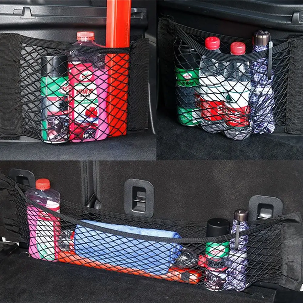 Car Back Rear Trunk Storage Pocket Net Seat Elastic String Net Magic Sticker Mesh Storage Bag Auto Organizer Seat Back Bag