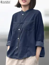 ZANZEA Fashion OL Denim Shirt Woman Long Sleeve Stand Collar Blouse Autumn Casual Loose Tunic Tops Female Vintage Solid Blusas