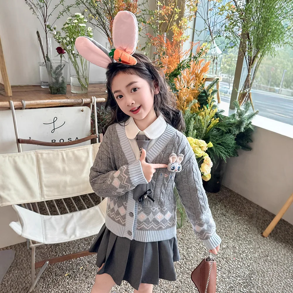 Traje Jk de conejito de dibujos animados para niñas, cárdigan de Disney Judy Hopps, suéter, camisa, Falda plisada, conjunto de estilo Preppy bonito