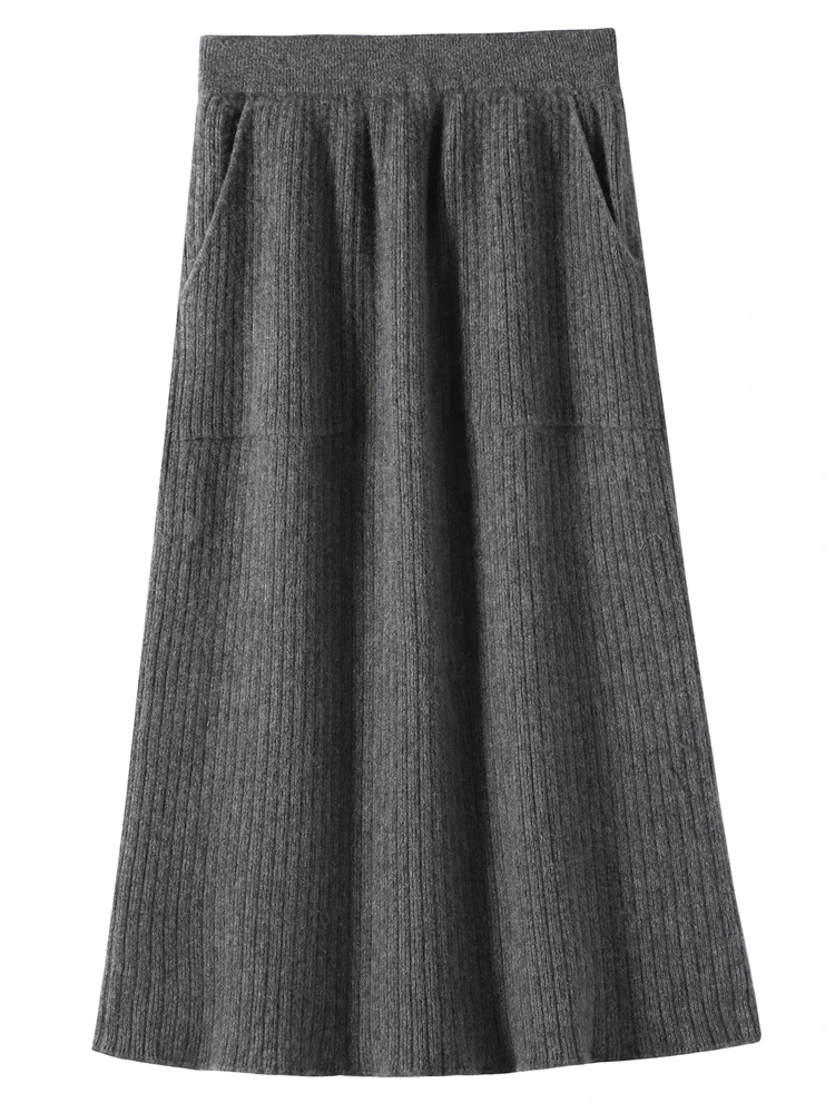 

2025 Quality Woman 100% Cashmere Knitwear Thick Basic Skirts Autumn Winter Sexy Long A-Line Drawstring Vertical Stripe Clothing