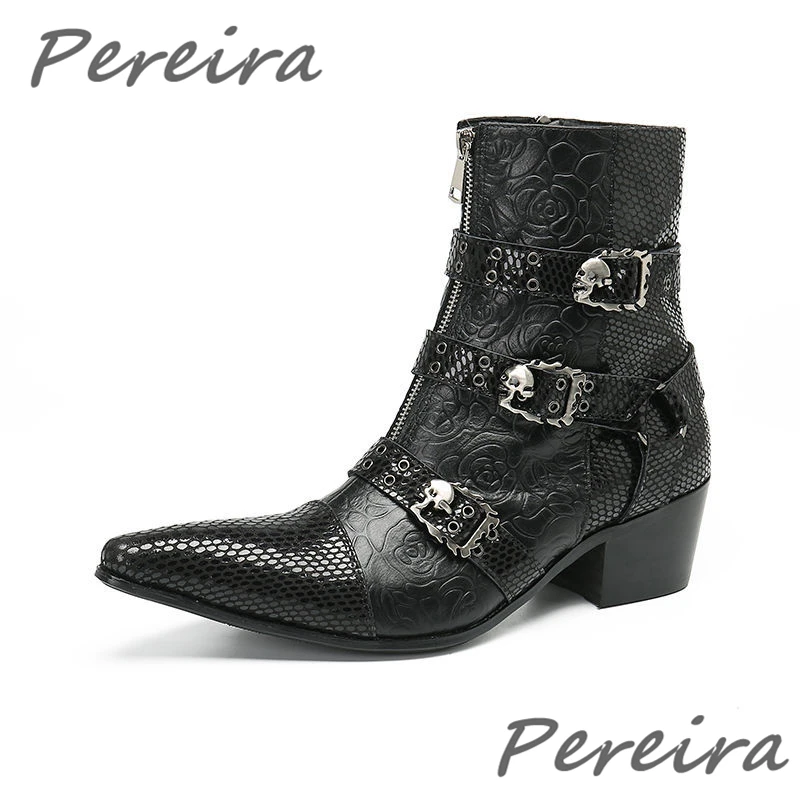 Rose Print Cowhide Chelsea Boots Skull Metal Buckle Snake Patterned Patchwork Zipper Short Boots Trendy Party Banquet Men Shoes