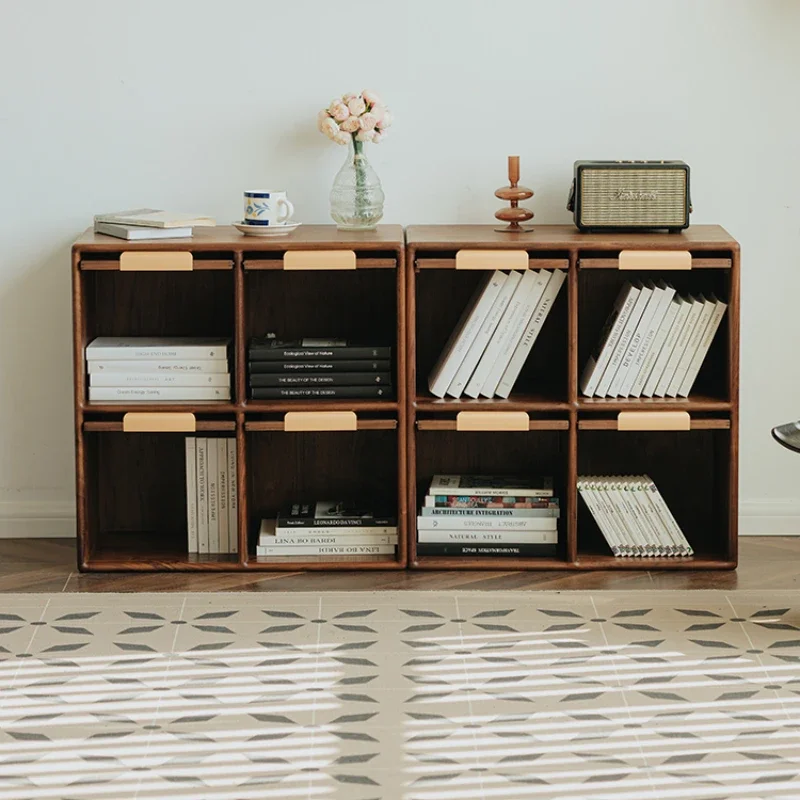 

Four-grid cabinet black walnut solid wood bookcase free combination living room combination grid floor cabinet