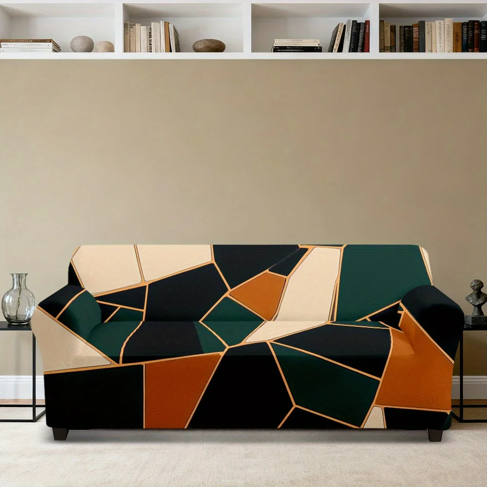 1pc Modern Abstract Geometric Gold Line Print Stretch Sofa Cover, Luxury Terrazzo Couch Slipcover for Mid Century Home Decor