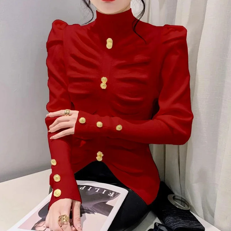 Women's Semi-turtleneck Sweater Bubble Sleeves Slim-fit Knitted Pullover Top2026autumn Winter Pleated New Temperament Sweaters