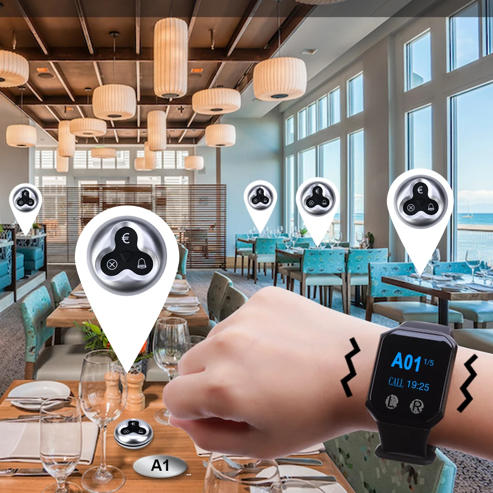 BYHUBYENG Restaurant Pager System 15 Table Call Buttons 2 Watch Receivers for Restaurant, Hotel, Wireless Waiter Calling System