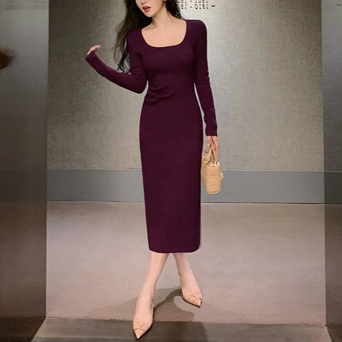 7818 Autumn Winter 14 Needle High Twist Cotton Not Easy To Deform~Square Collar Waist Pleated Split Hip Wrap Long Dress