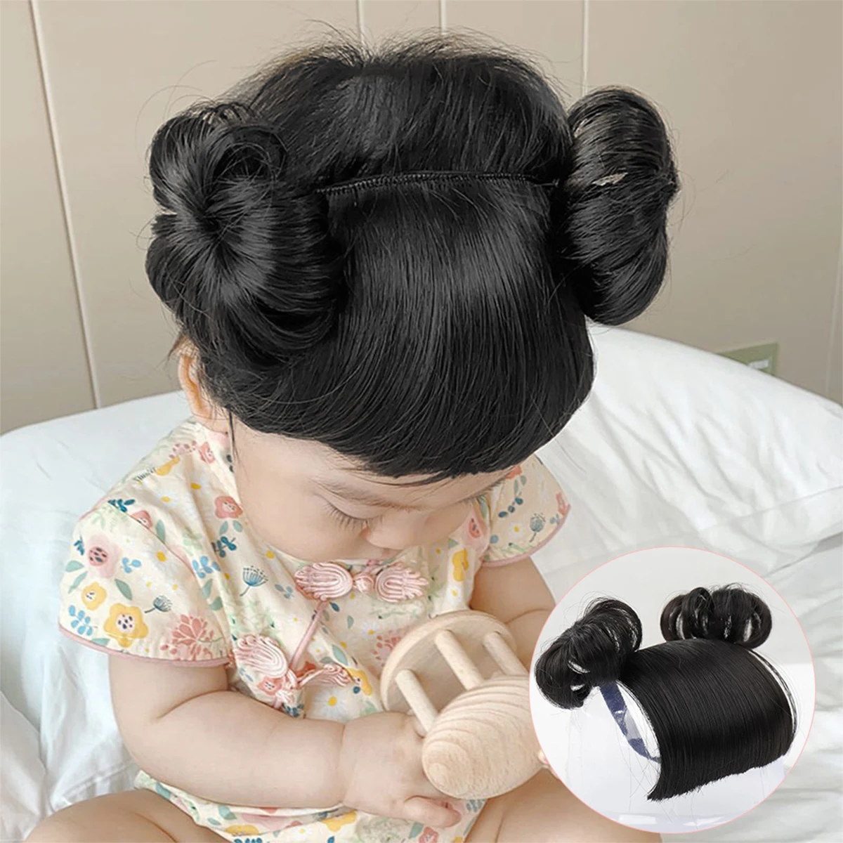 

Ocelot synthetic children's bun wig elastic hair band wearing cute little chirping hair accessories heat-resistant wig with bang