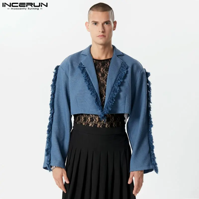 

INCERUN Tops 2023 Fashionable Men Splicing Tassel Edge Blazer Stylish Party Hot Sale Cropped Solid Long Sleeved Suit Coats S-5XL