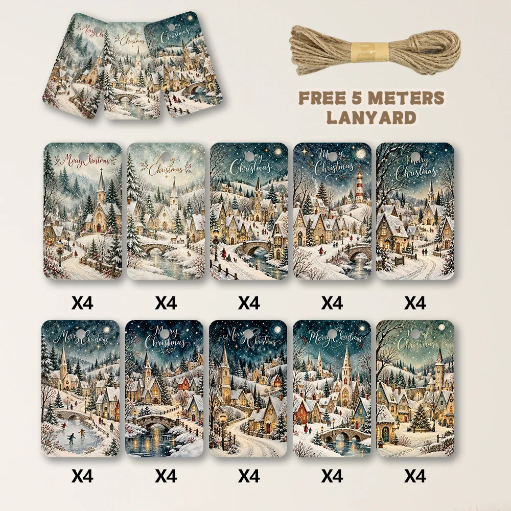 40pcs, Gift Tags, Vintage Snowy Winter Town Art, Hanging Paper Labels for Gift Wrapping, Holiday Party Decor with String