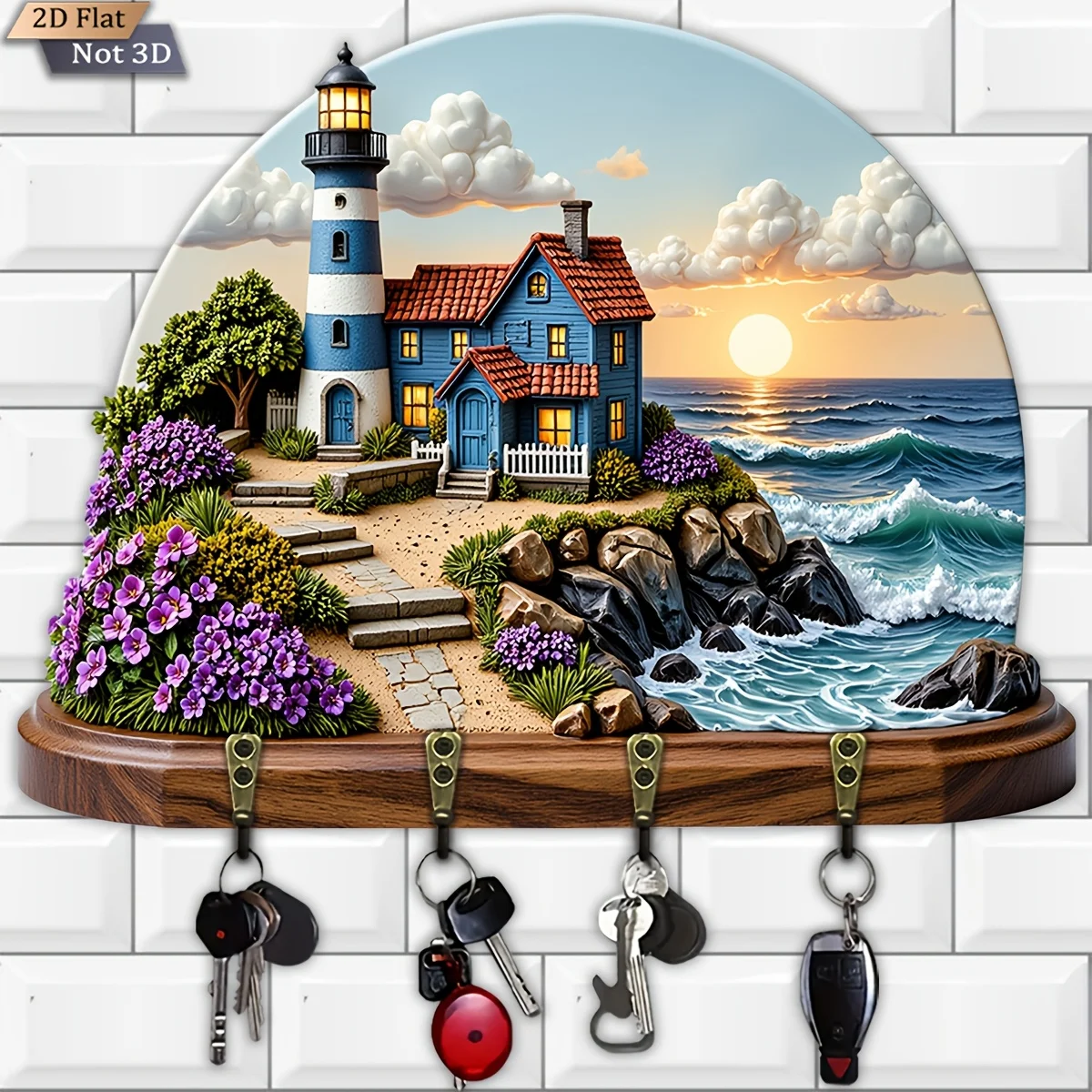 2D Flat, 1pc, Seaside lighthouse cottage style key hook and wooden multi-functional home key rack, with four metal hooks, wall