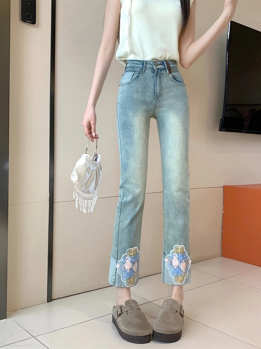 

Summer New Chinese Embroidery Nine Tube Women's Jeans plus Size High Waist Slim Straight Leg Denim Pants Faionable plus Size