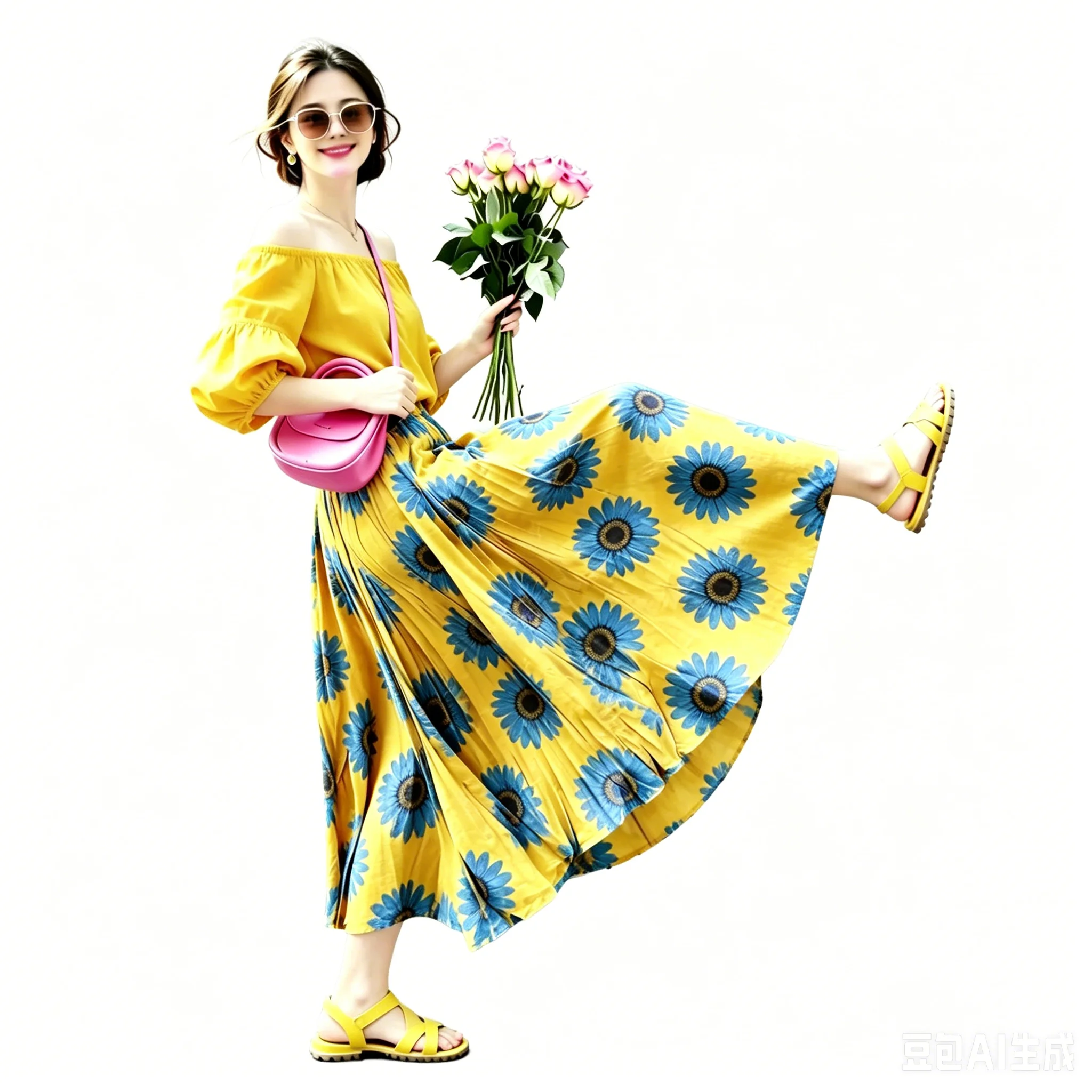 Y2K Yellow Blue Sunflower Print Midi Skirt Elastic High Waist Flowy A Line Long Skirt Summer Vacation Casual Boho Beach Bottoms