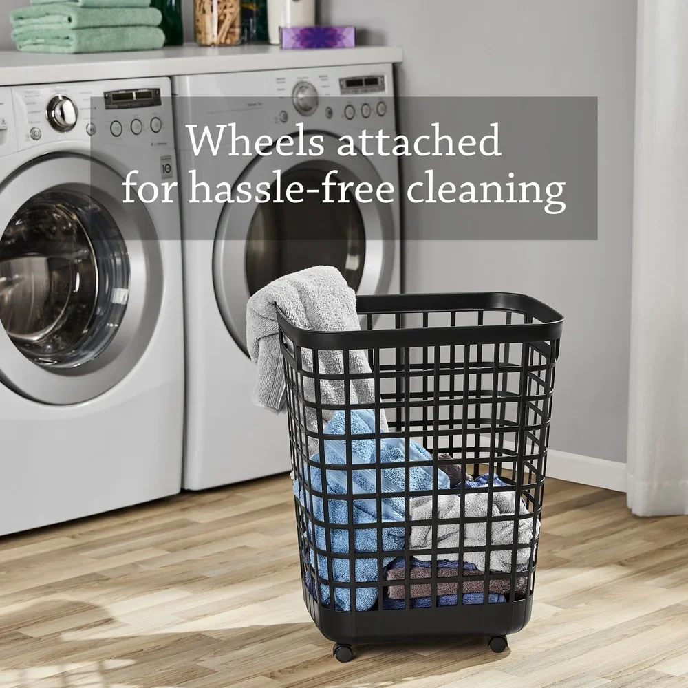 سلة غسيل دوارة 2.6 بوشيل بلاستيك مفتوح مع عجلات، تصميم مستطيل خفيف الوزن، سهل التنقل و