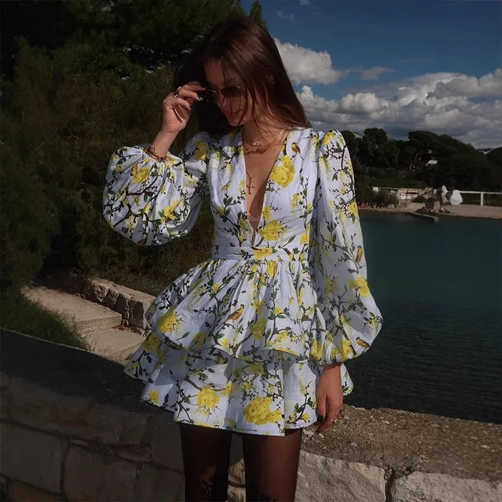 2025 novas mulheres amarelo decote em v impressão vestido curto lanterna manga em camadas saia francês elegante multi cores opções