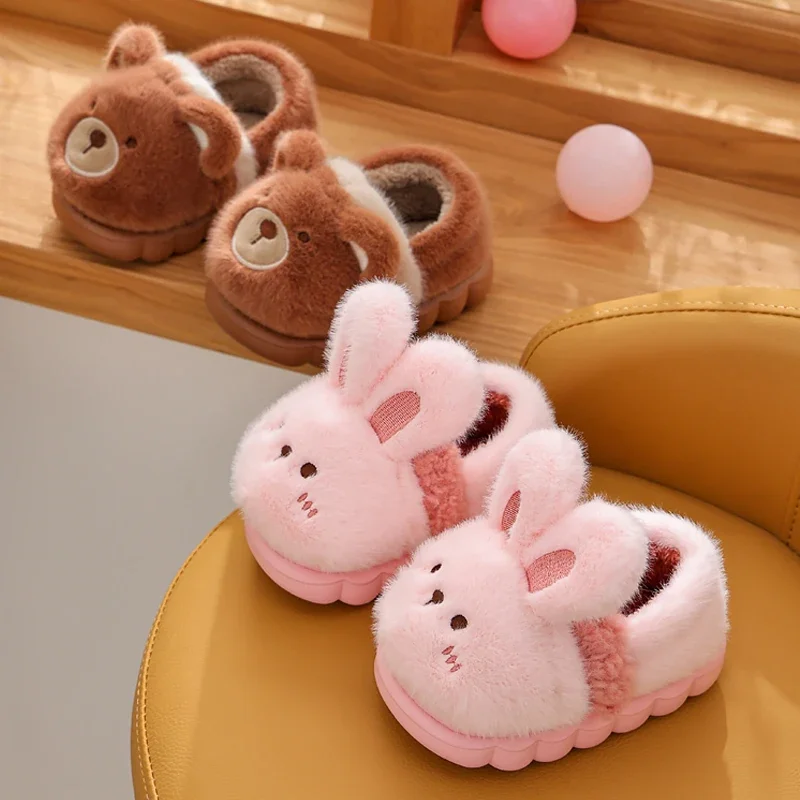 New Children\'s Cartoon Animals Heel Wrap Plush Slippers Soft Sole Non-slip Winter Warm Baby Boys Girls Indoor Home Cotton Shoes