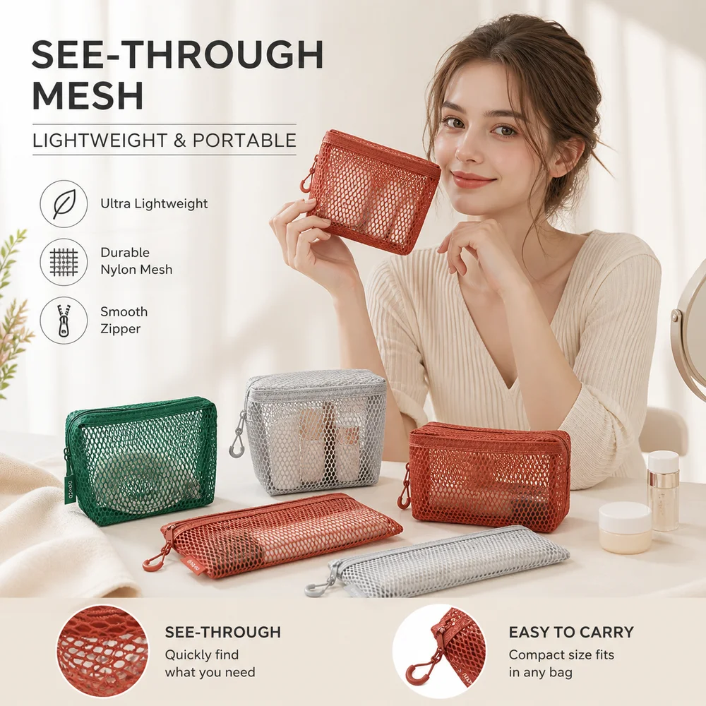 Durable Nylon Transparent Storage Bag Square Clear View Mesh Storage Pouch Lightweight Breathable Mesh Makeup Bag Home Use