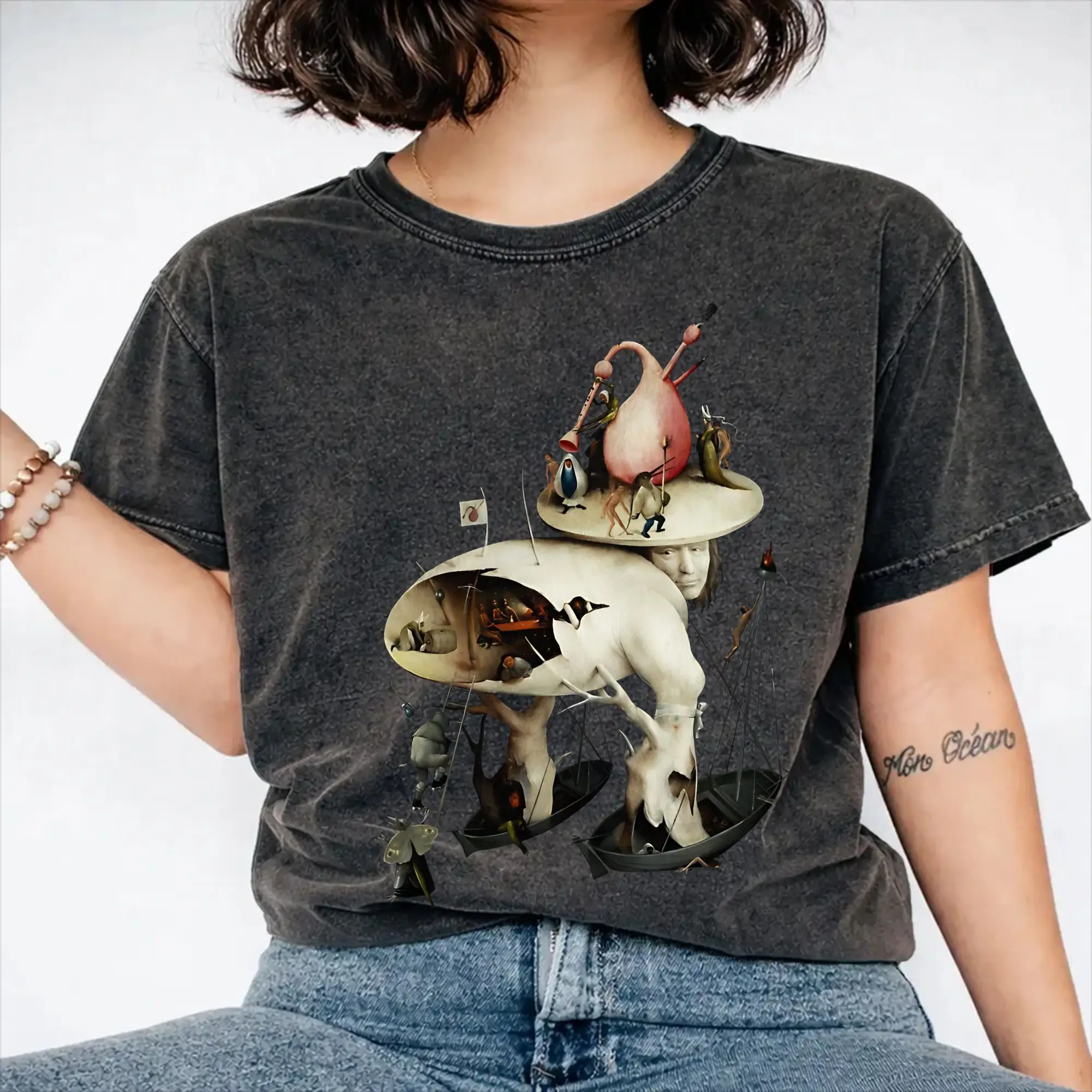 Hieronymus Bosch - The Garden of Earthly Delights Washed T Shirt Streetwear Hip Hop Vintage T-Shirts  Tee Shirt Men Women