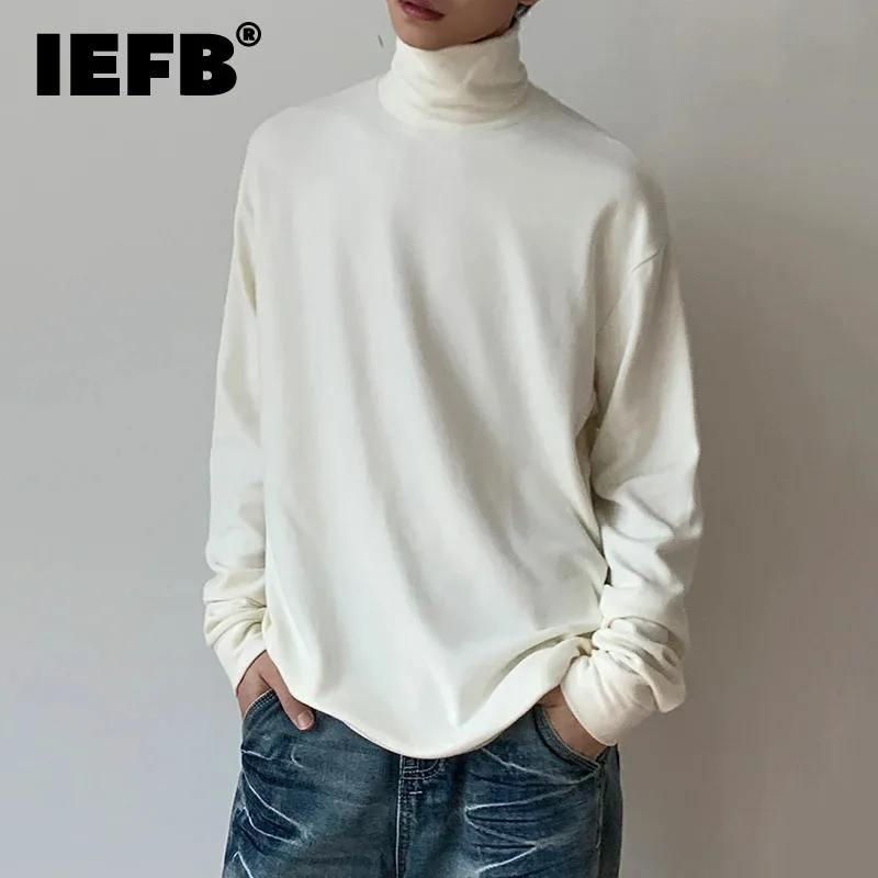 IEFB Simple Men's T-shirts Slim Turtleneck Solid Color Long Sleeved Tops Casual Pullover Heaps Collar Male Tees Korean 9C8283