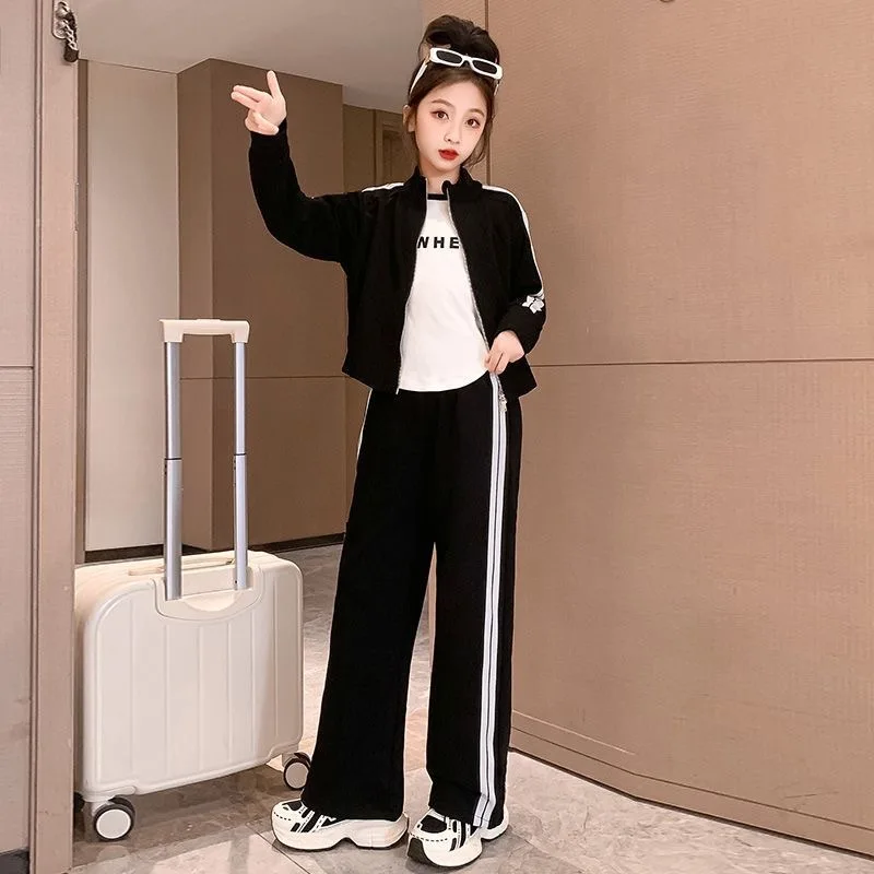 2025 Autumn Winter Girl Teens tracksuit slim zipper Jacket hooded + Straight striped pant 2pc/set Child 4 5 7 8 10 12 14 15 year