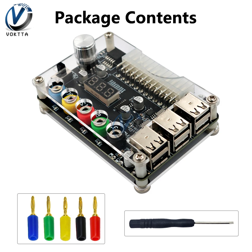 Placa de conexión de fuente de alimentación ATX, Módulo adaptador de fuente de alimentación USB 2,0 de 24 Pines, placa de transferencia de potencia de voltaje ajustable